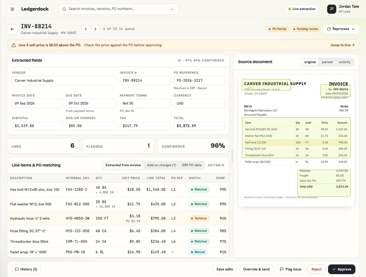 Supplier invoice review screen with extracted fields matched to the purchase order